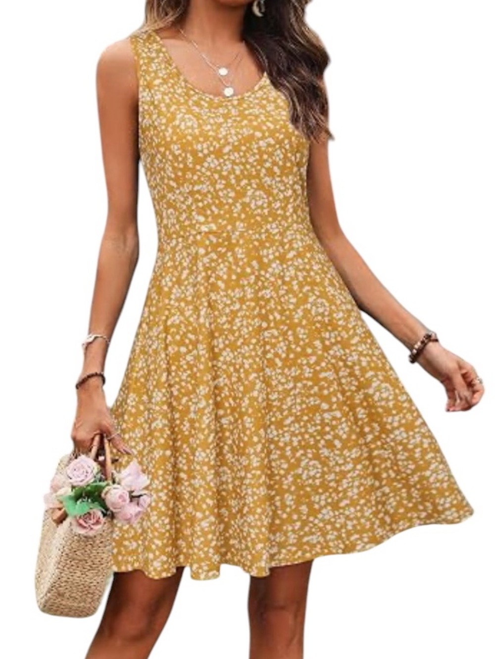 Sleeveless Mustard Floral A-Line Dress